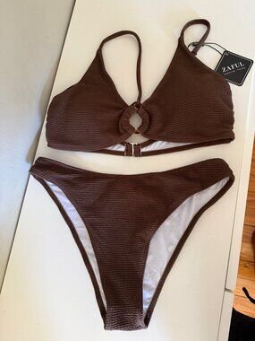NWT Zaful Chocolate Brown Textured O-Ring Bikini Set Size Large